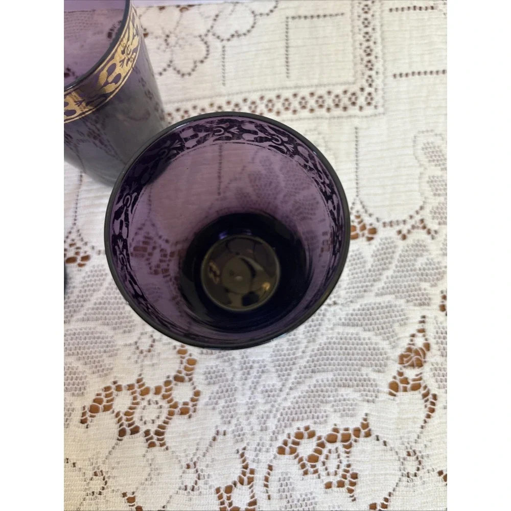 4- Amethyst Glass Tumblers with Gold Scroll Band Moroccan Boho Barware Pier 1